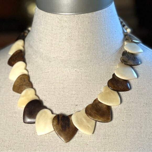 Vintage Horn Statement Necklace, Graduated Brown & Cream Panels, African Tribal - Picture 6 of 9